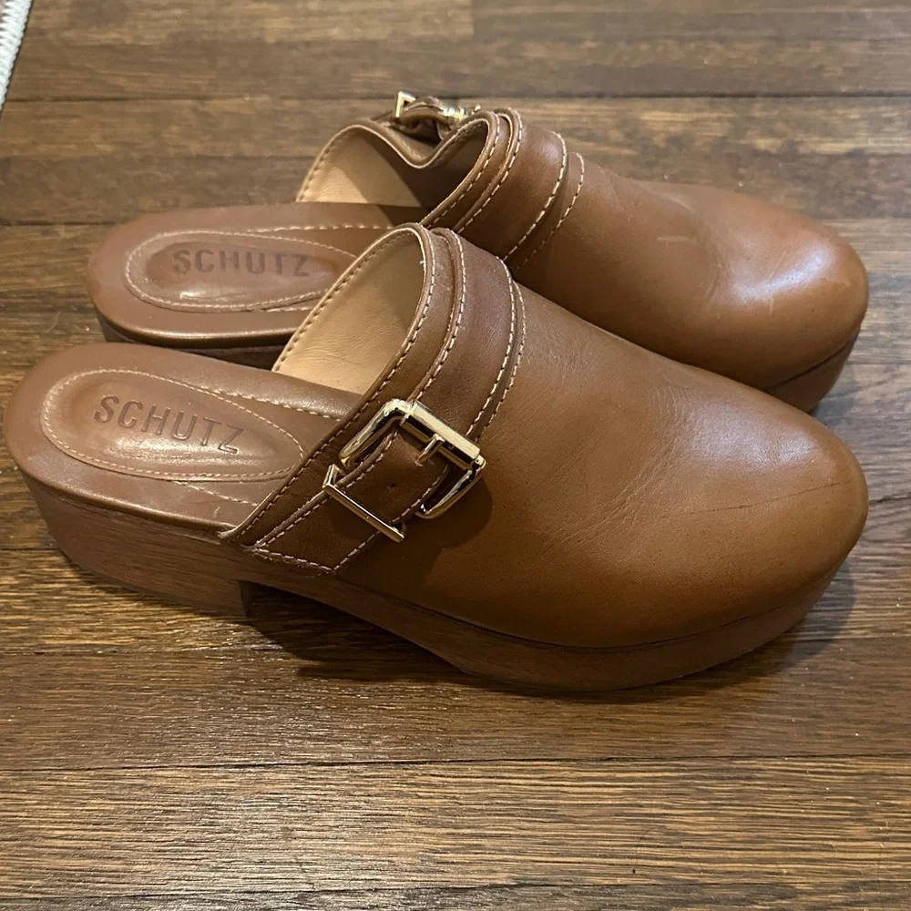 SCHUTZ Tan-Brown Leather Mule Slides with Gold Buckle Size 7 - Picture 5 of 5